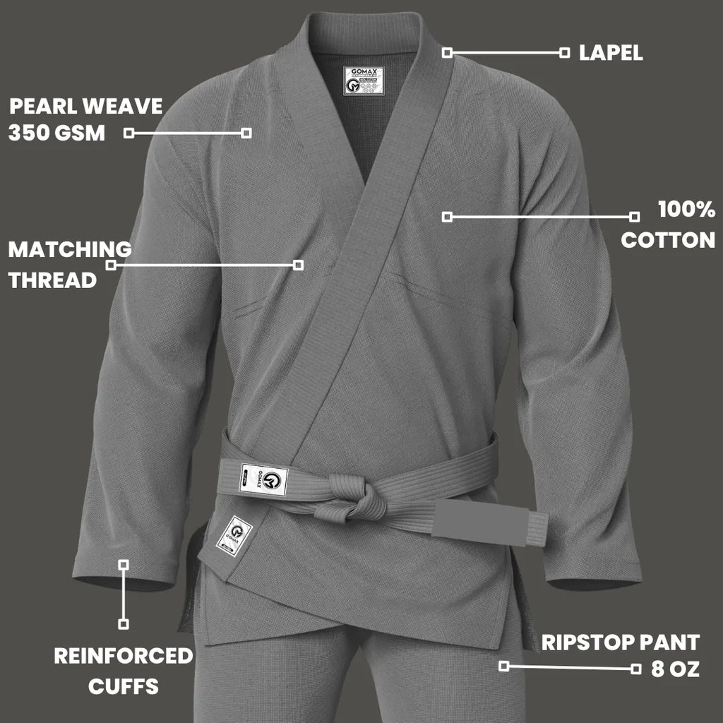 Basic grey gi for beginners shown in martial arts gym setting