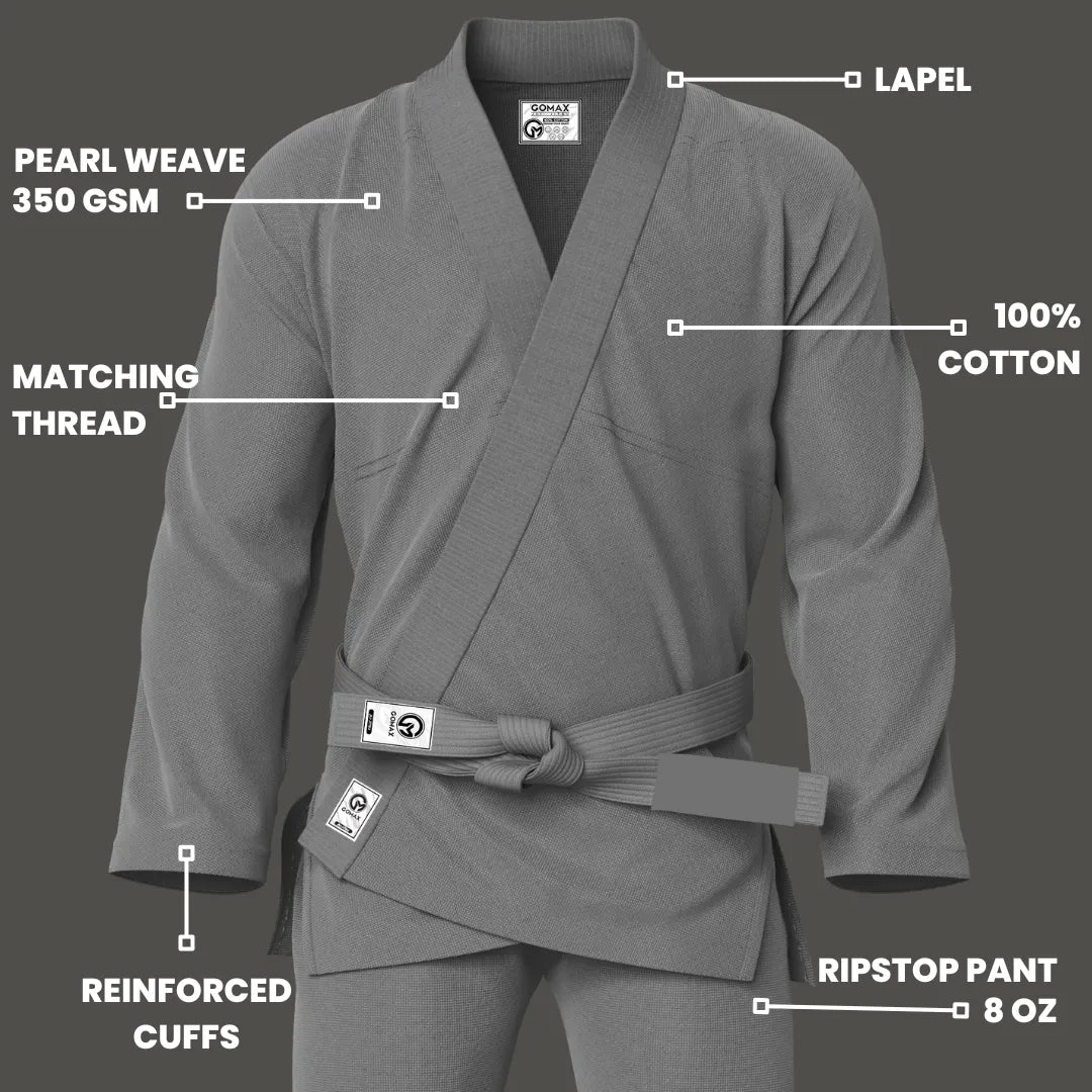 Basic grey gi for beginners shown in martial arts gym setting