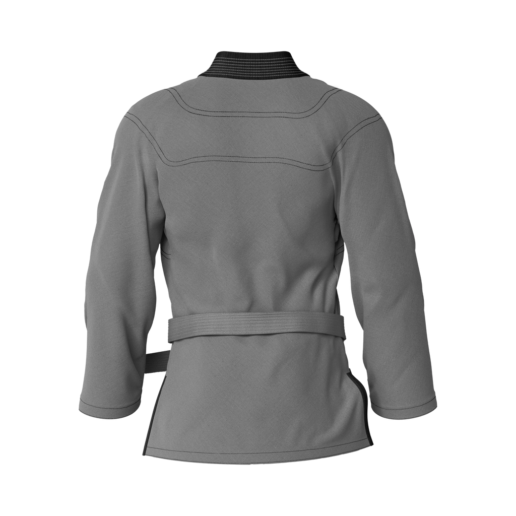 Back angle of competition grey gi tailored for advanced matches and high-level grappling performance.