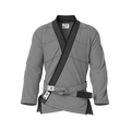 Front view of grey gi for elite fighters showing sleek competition-ready fit for ranked belts and black belts.