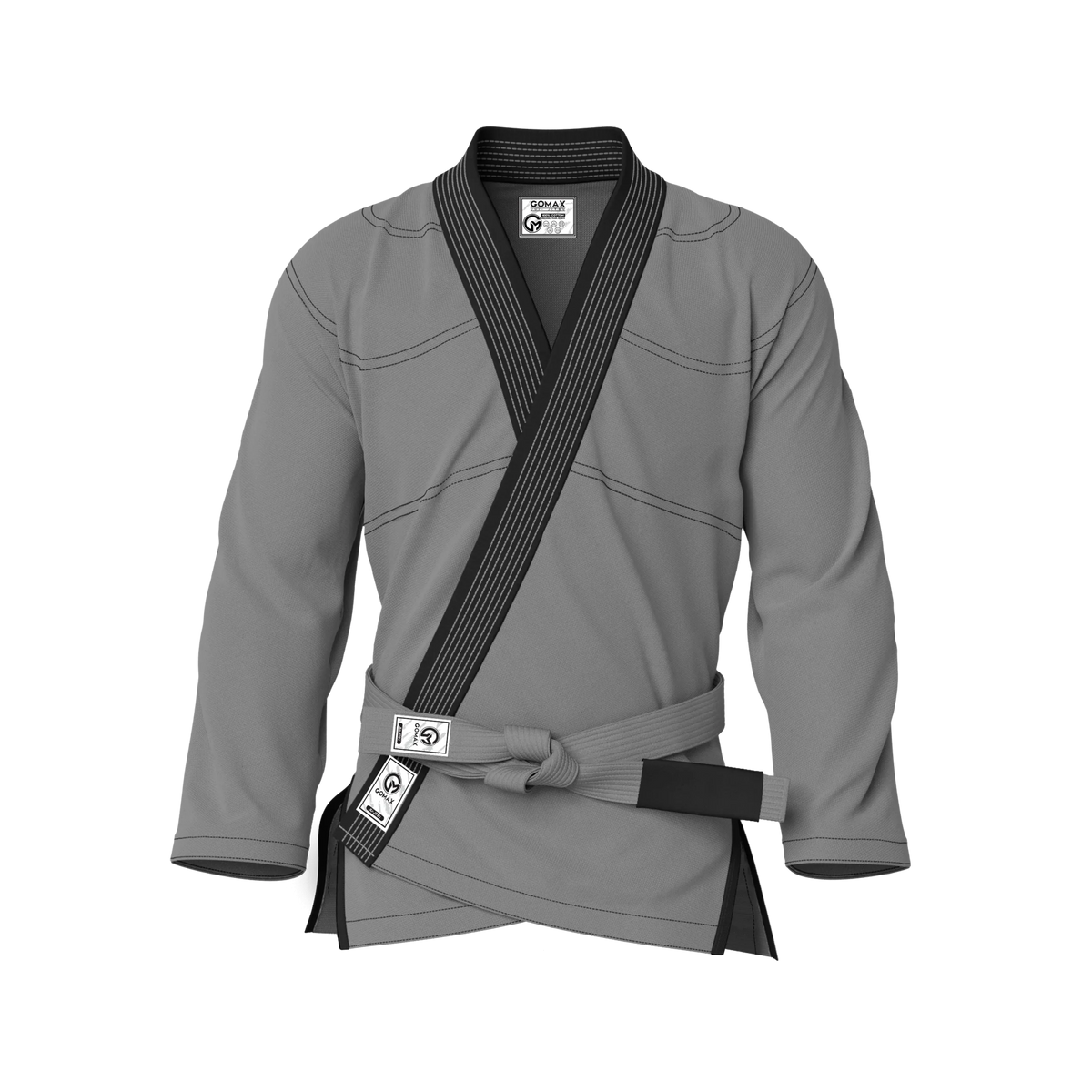 Front view of grey gi for elite fighters showing sleek competition-ready fit for ranked belts and black belts.