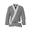 Front view of grey gi for kids showing small size fit and reinforced stitching for youth BJJ training.