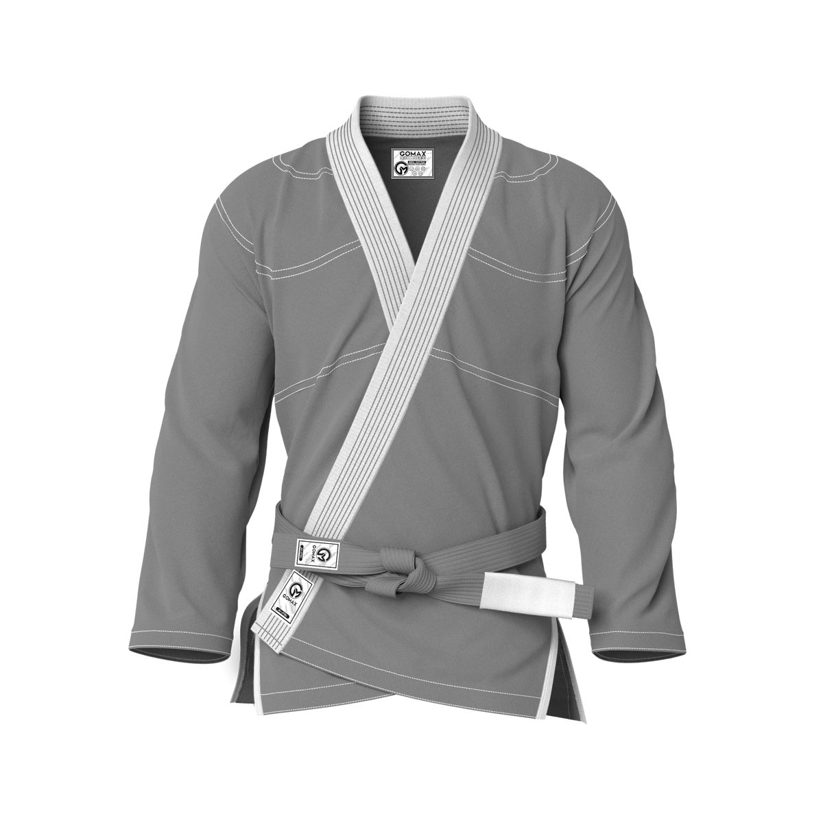 Front view of grey gi for kids showing small size fit and reinforced stitching for youth BJJ training.