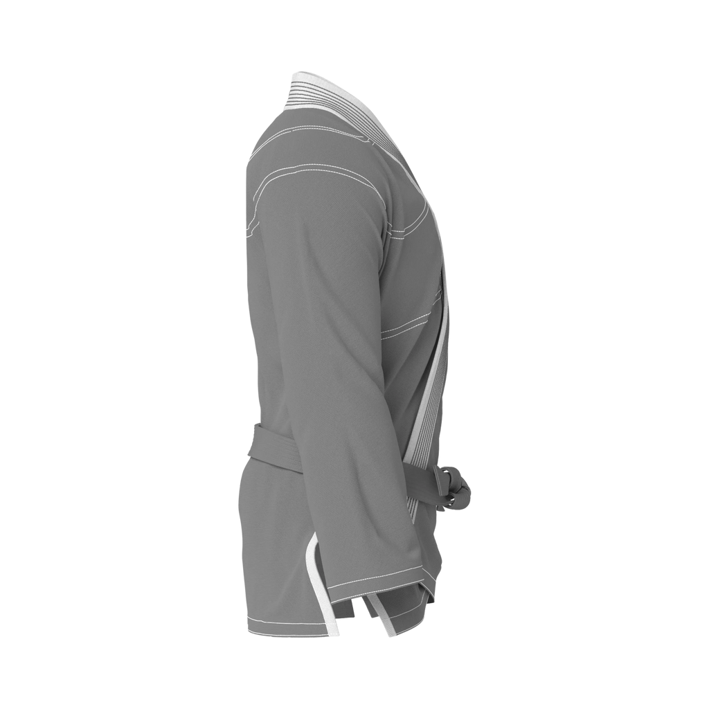 Side profile of grey gi for children highlighting athletic cut and comfort for junior belt grapplers.