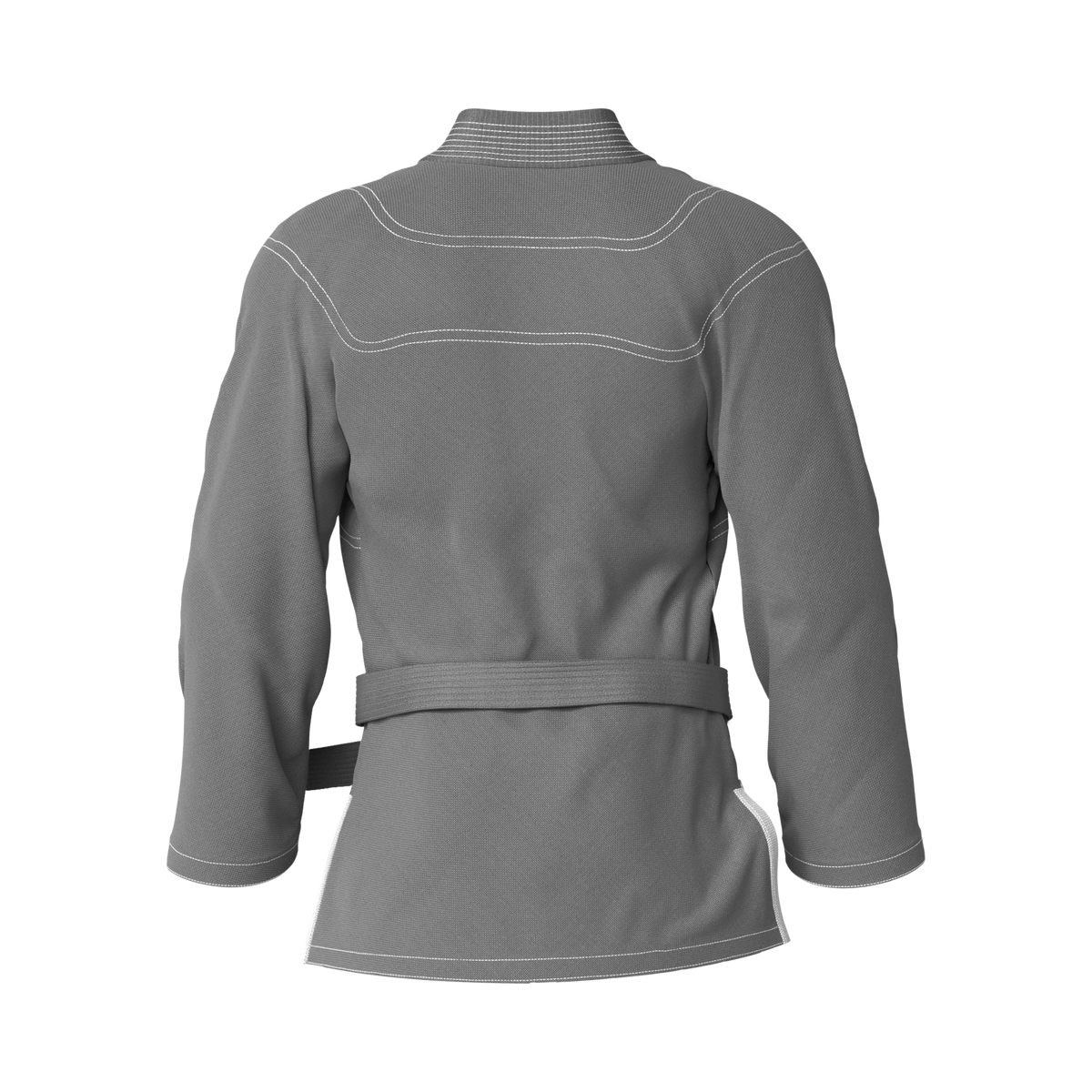 Back angle of fashion grey gi tailored for gym use and versatile movement in BJJ sessions.