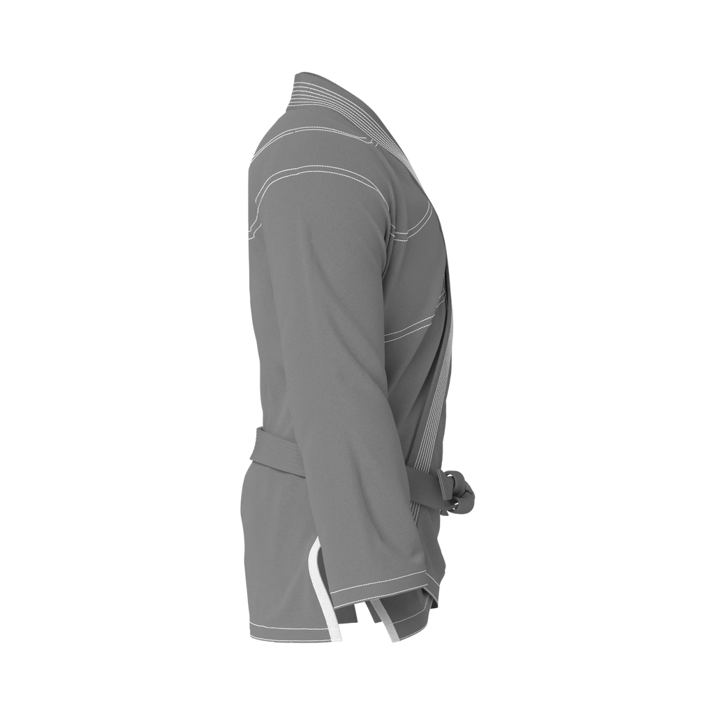 Side profile of casual grey BJJ gi highlighting sleek silhouette and comfort-focused design.