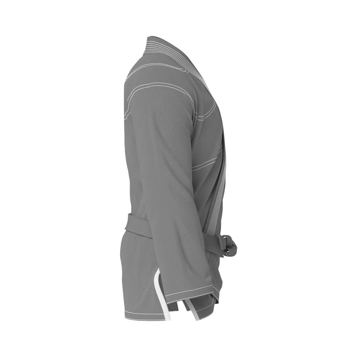Side profile of casual grey BJJ gi highlighting sleek silhouette and comfort-focused design.