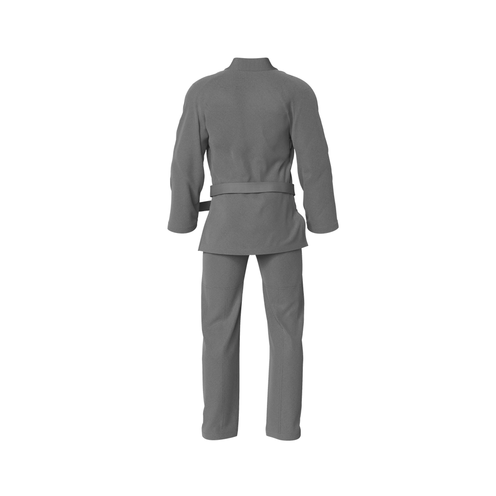 Entry-level grey gi for white belts shown during first-time jiu jitsu class with instructor
