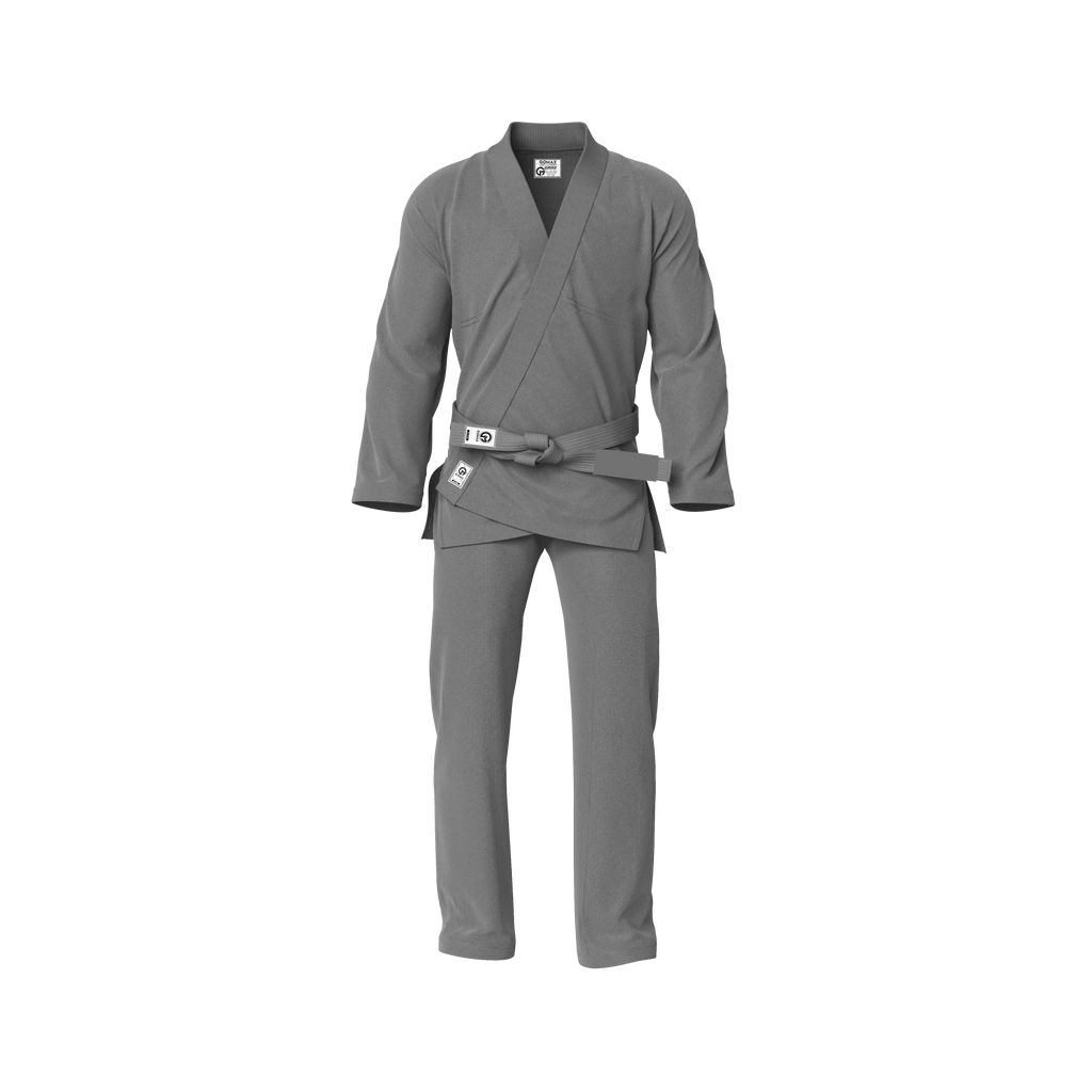 Entry-level grey gi worn by white belt during jiu jitsu training