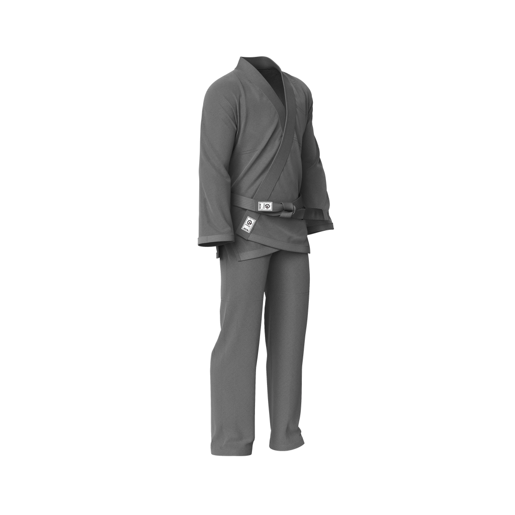 Starter grey BJJ gi laid flat with reinforced seams and ripstop pants