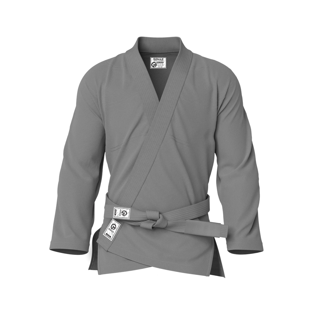 Front view of jiujitsu grey gi showing lightweight pearl weave and tailored fit for women and kids.