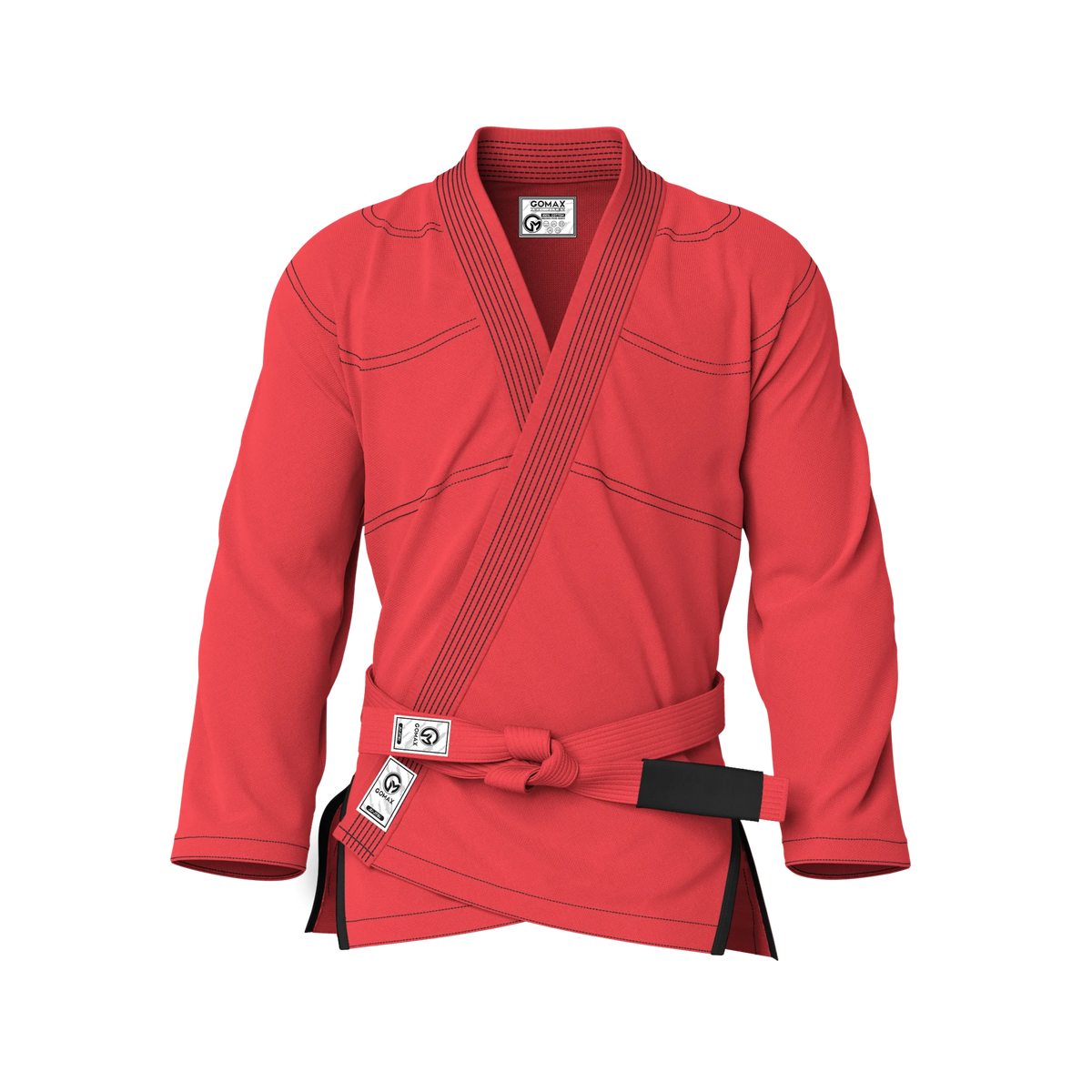 Front view of jiujitsu red gi showing lightweight fit and reinforced stitching for kids and beginners.