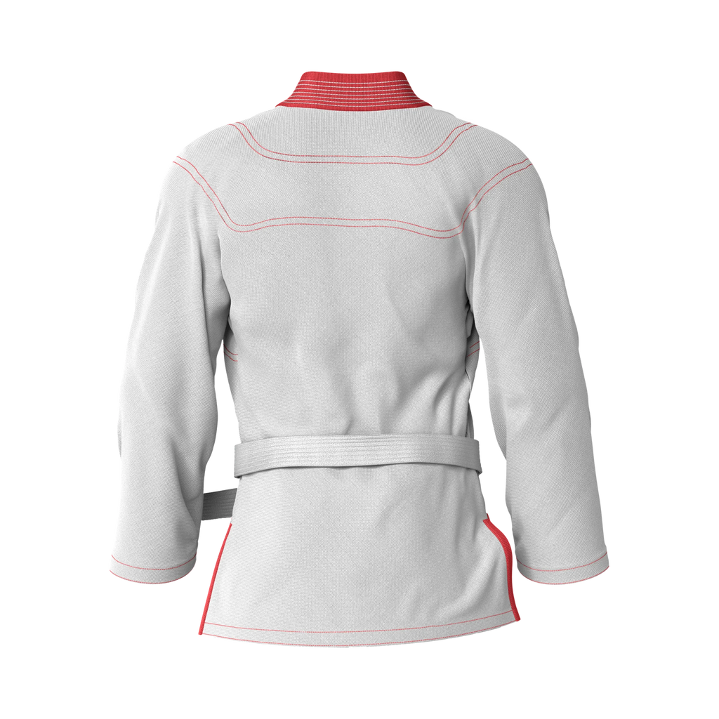 Back angle of white gi for youth crafted for movement and durability in early BJJ training.