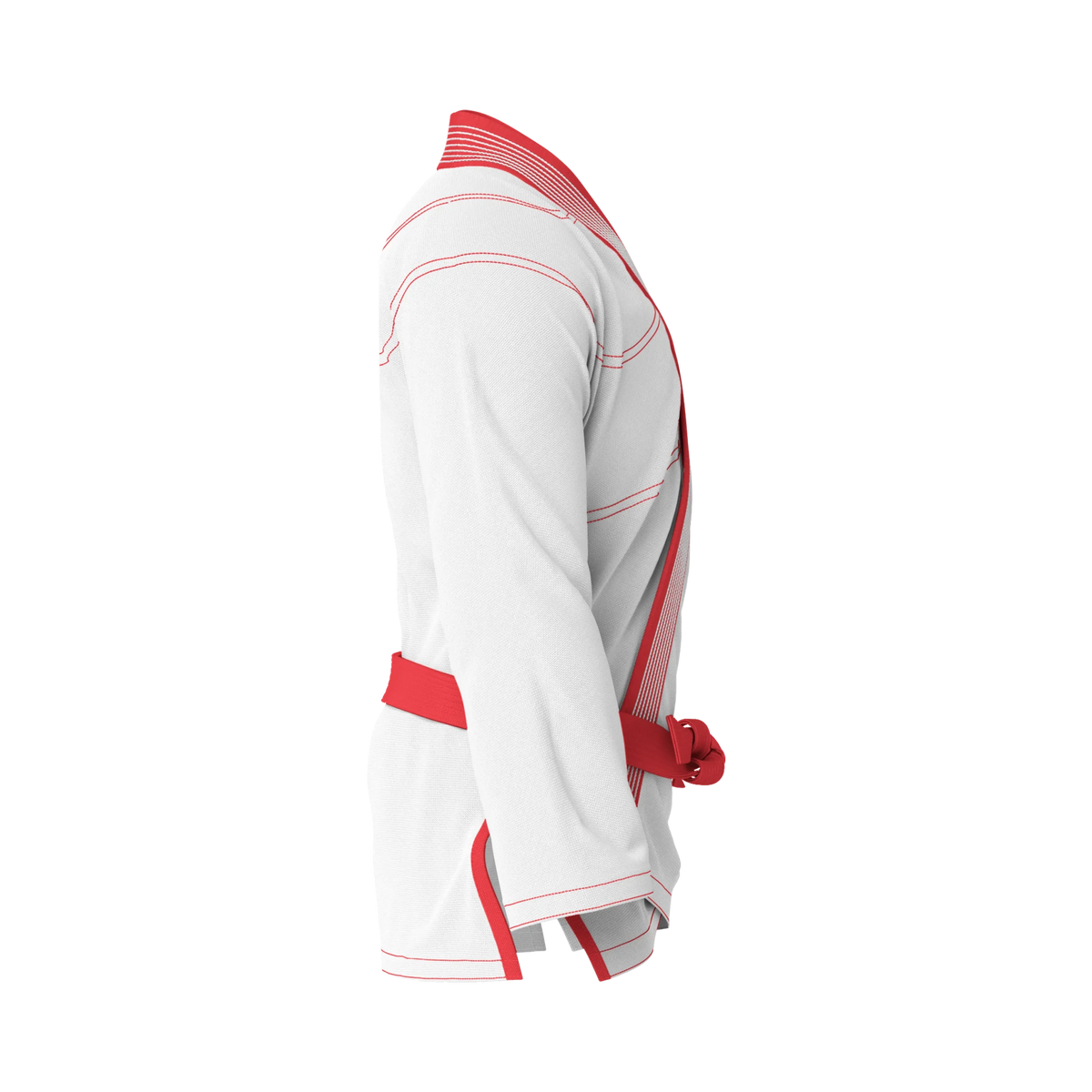 Side profile of white gi for beginners highlighting athletic cut and breathable lightweight fabric.