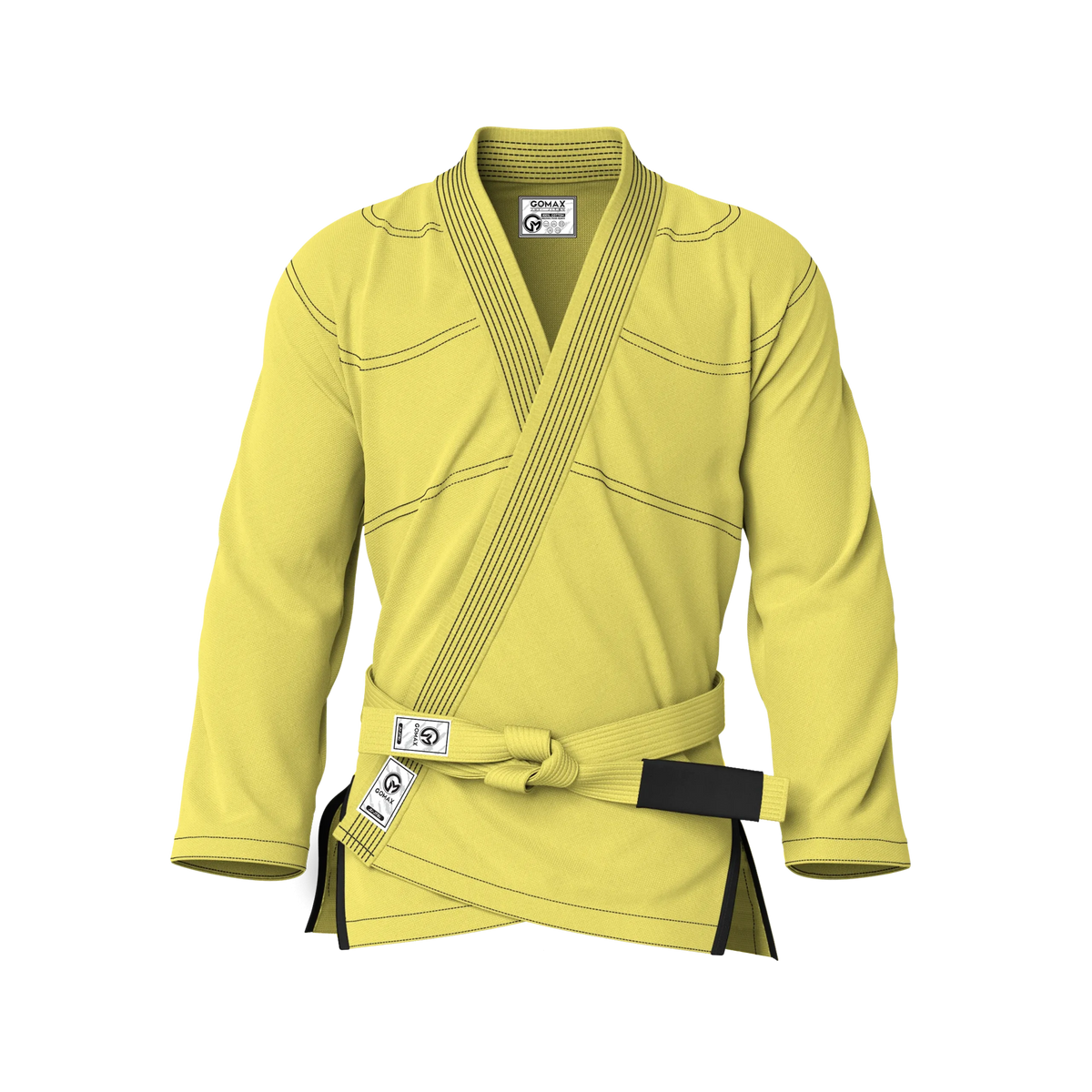 Front view of jiujitsu yellow gi showing tailored fit for youth, men, and women in BJJ training.