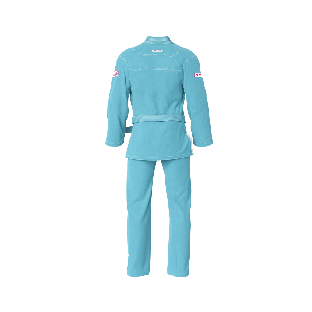 light blue gi BJJ uniform crafted for grappling, rolling, and tournament use with premium cotton weave