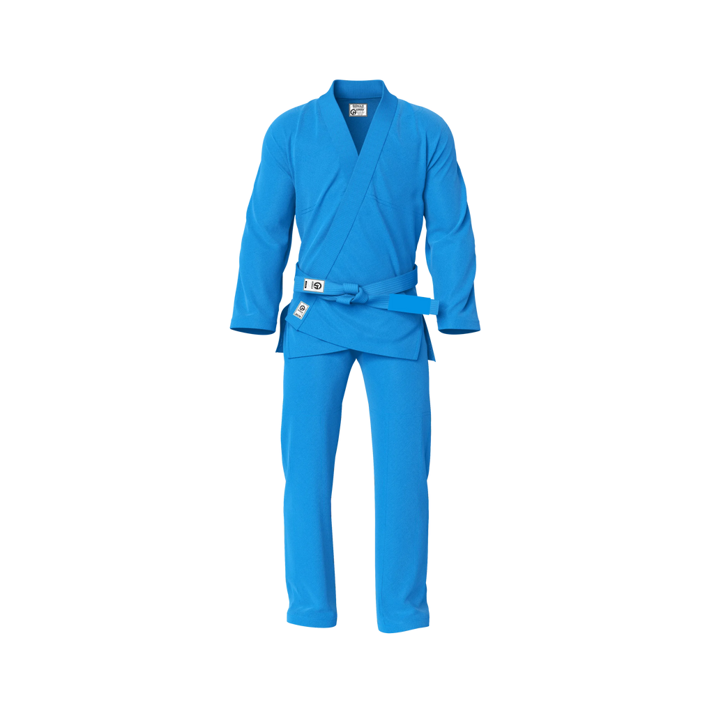 Lightweight blue gi front view highlighting breathable cotton weave for BJJ training