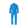 Lightweight blue gi front view highlighting breathable cotton weave for BJJ training
