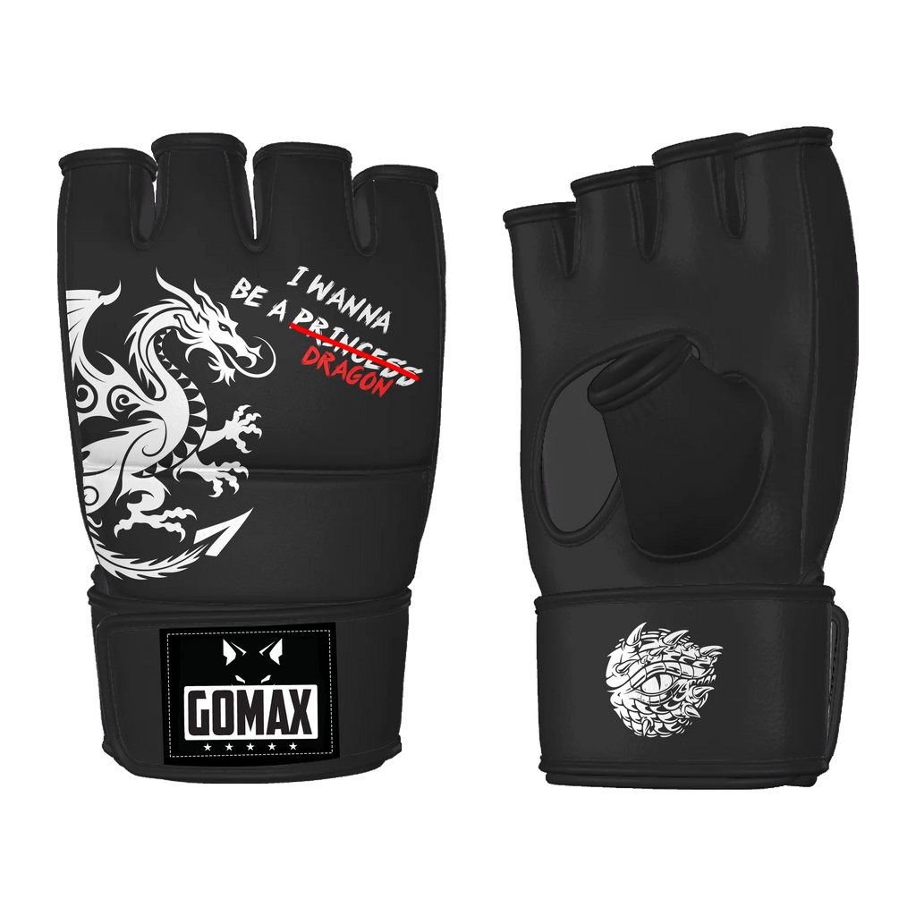MMA sparring gloves with dragon design and open-palm grip for hybrid combat