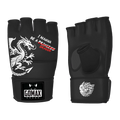 MMA sparring gloves with dragon design and open-palm grip for hybrid combat
