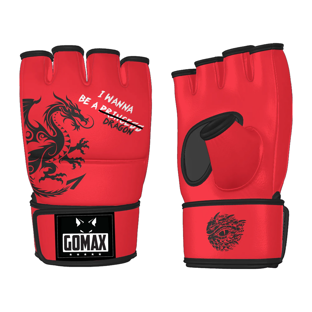 MMA gloves with dragon design and open-palm grip for training and sparring