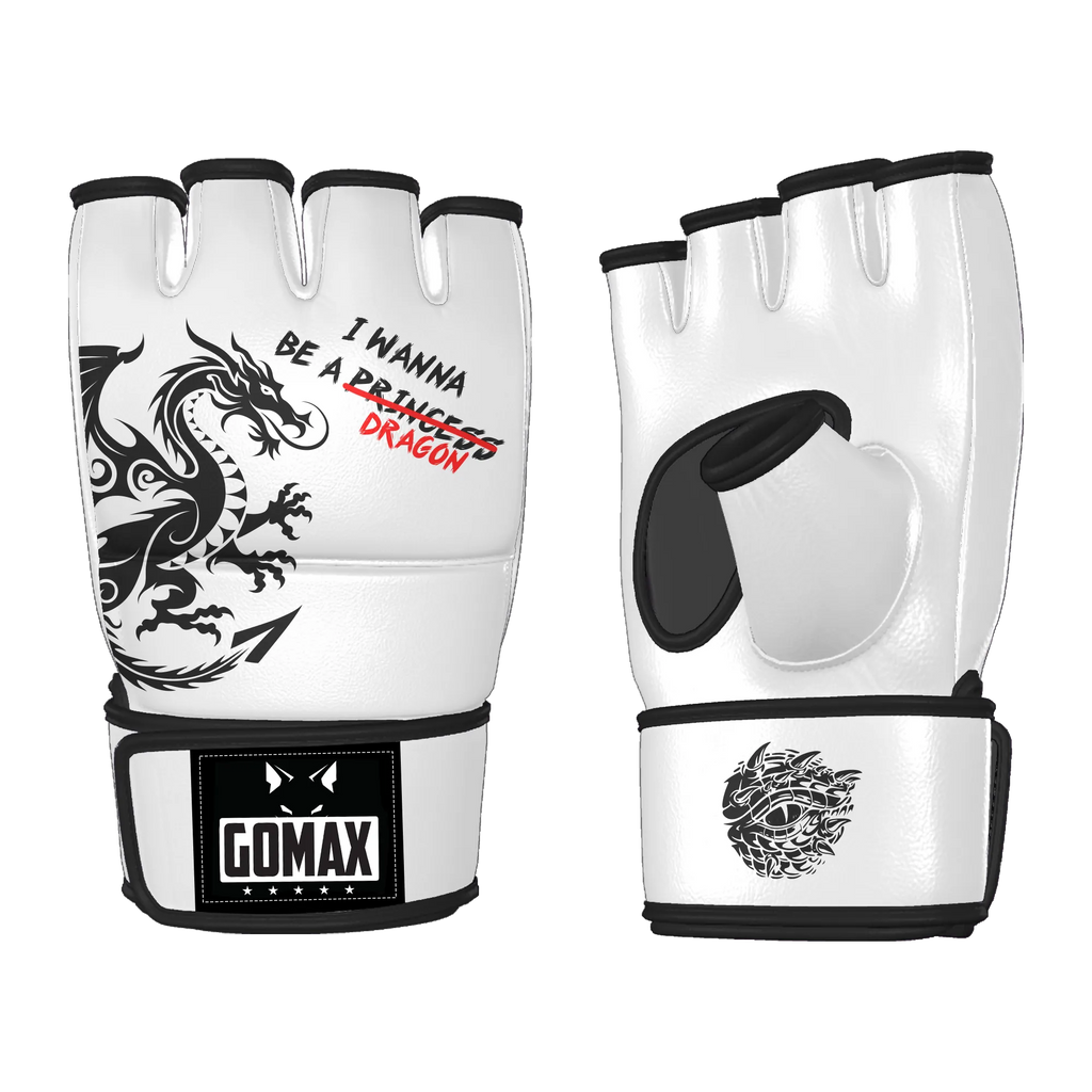 MMA training gloves with dragon design and open-palm grip for sparring and bag work
