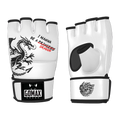 MMA training gloves with dragon design and open-palm grip for sparring and bag work