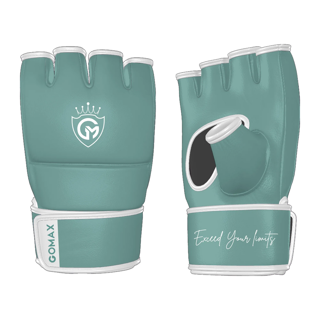 MMA hybrid gloves with Queen Green design and open-palm grip for sparring and training