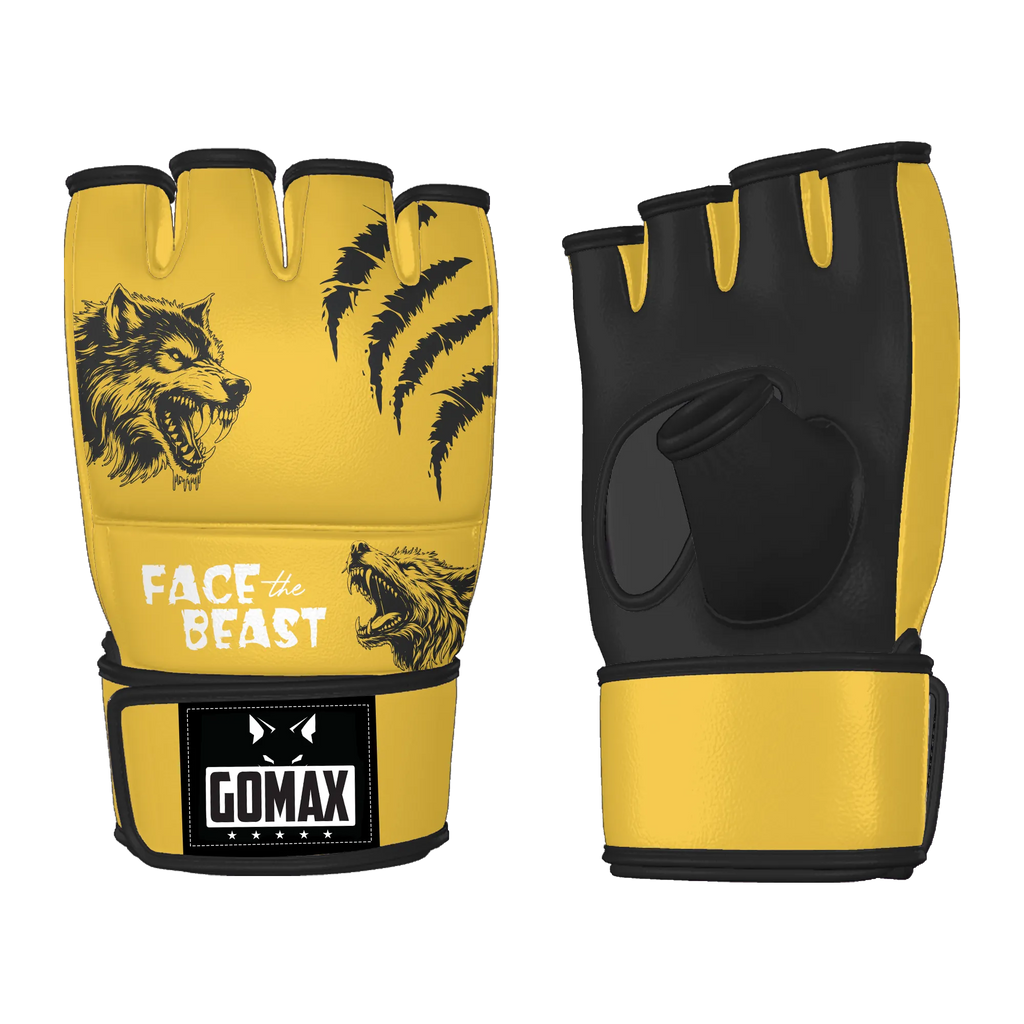 MMA fight gloves with wolf design and open-palm grip for hybrid combat