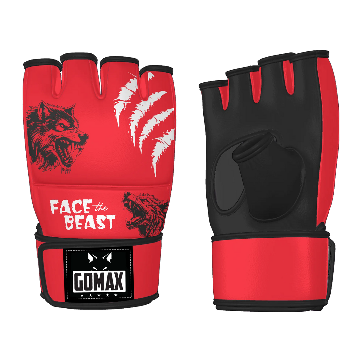 MMA grappling gloves with wolf design and open-palm grip for hybrid training