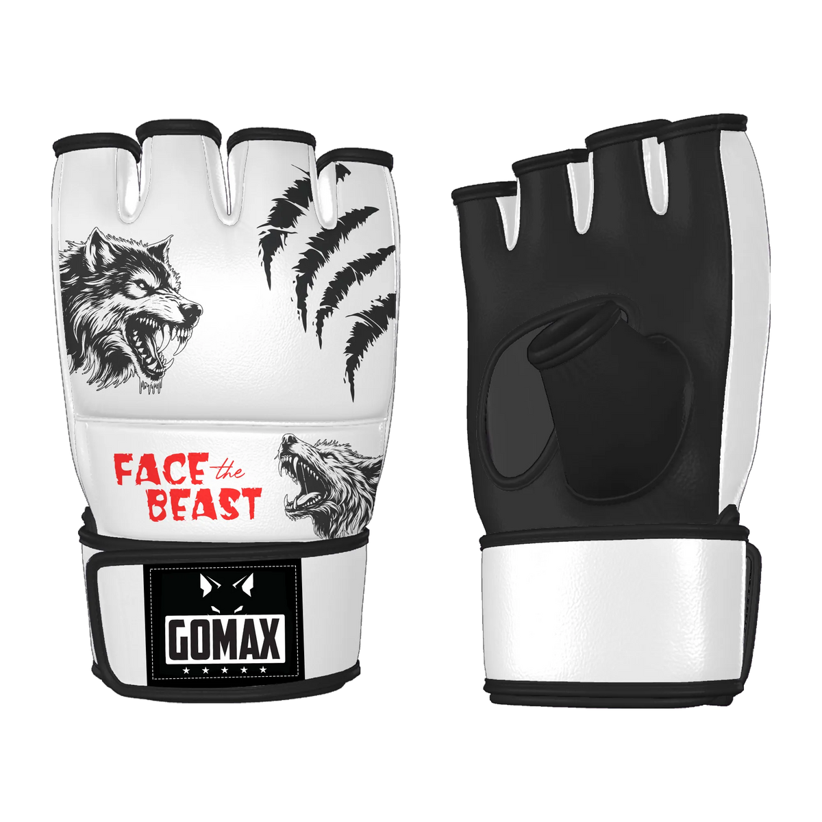 MMA bag gloves with wolf design and open-palm grip for striking and pad work