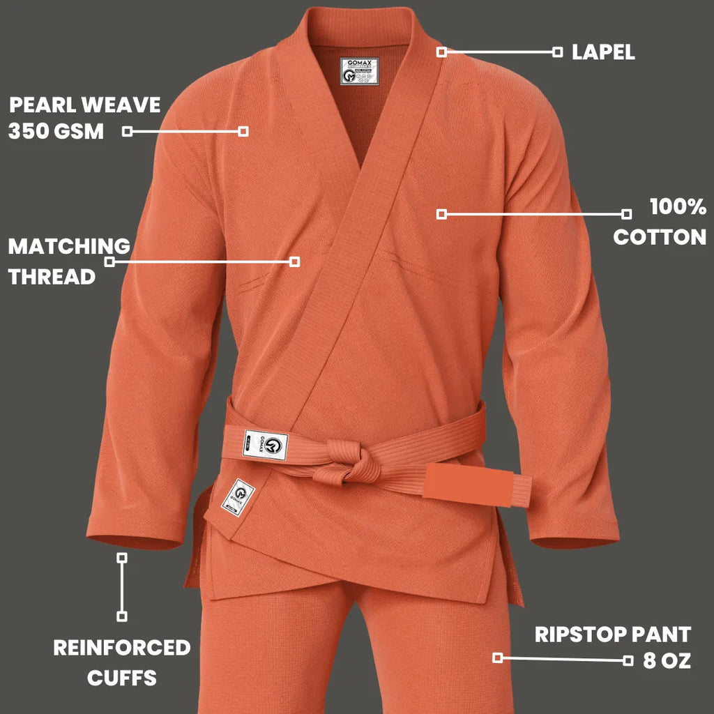 Orange gi for white belts shown during beginner-level jiu jitsu drills in a dojo setting
