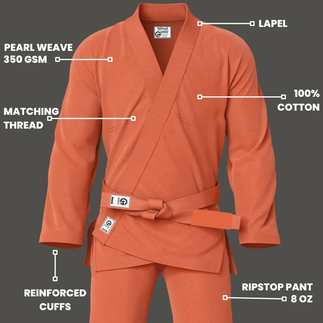 Orange gi for white belts shown during beginner-level jiu jitsu drills in a dojo setting