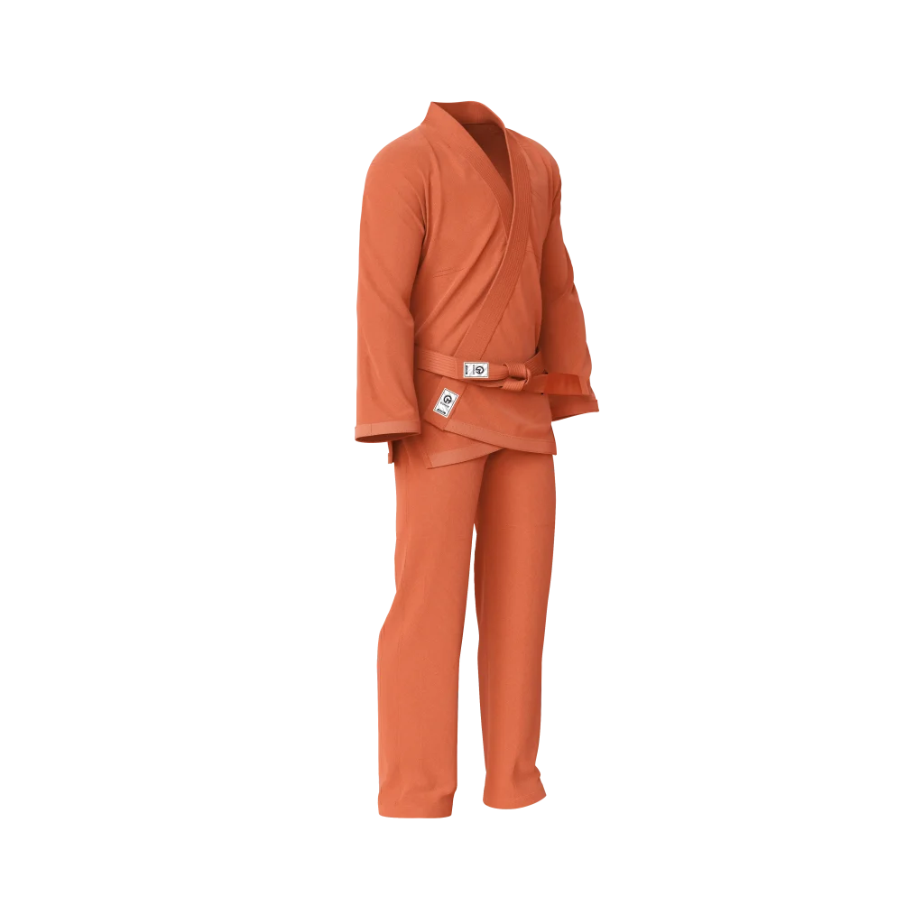 Starter orange gi laid flat with reinforced seams and ripstop pants