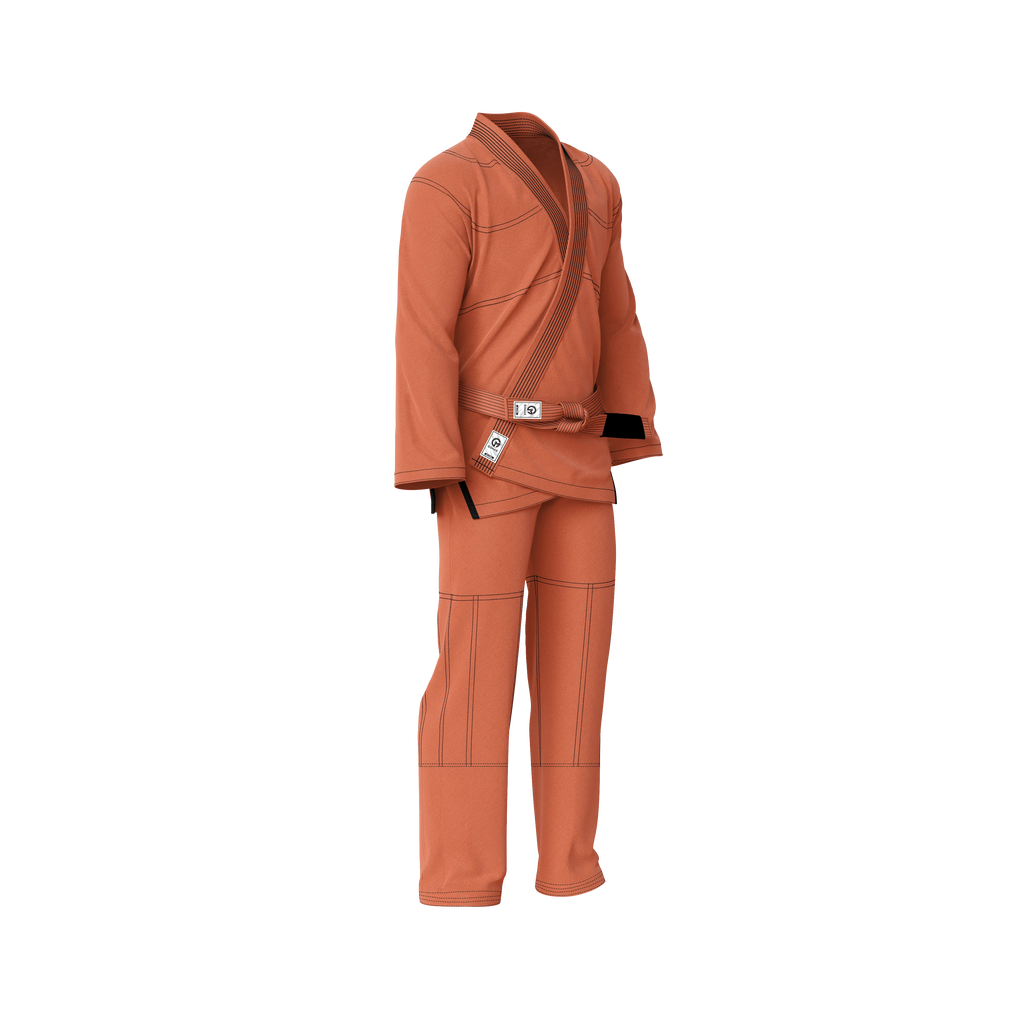 Bright orange BJJ gi laid flat with ripstop pants and reinforced seams