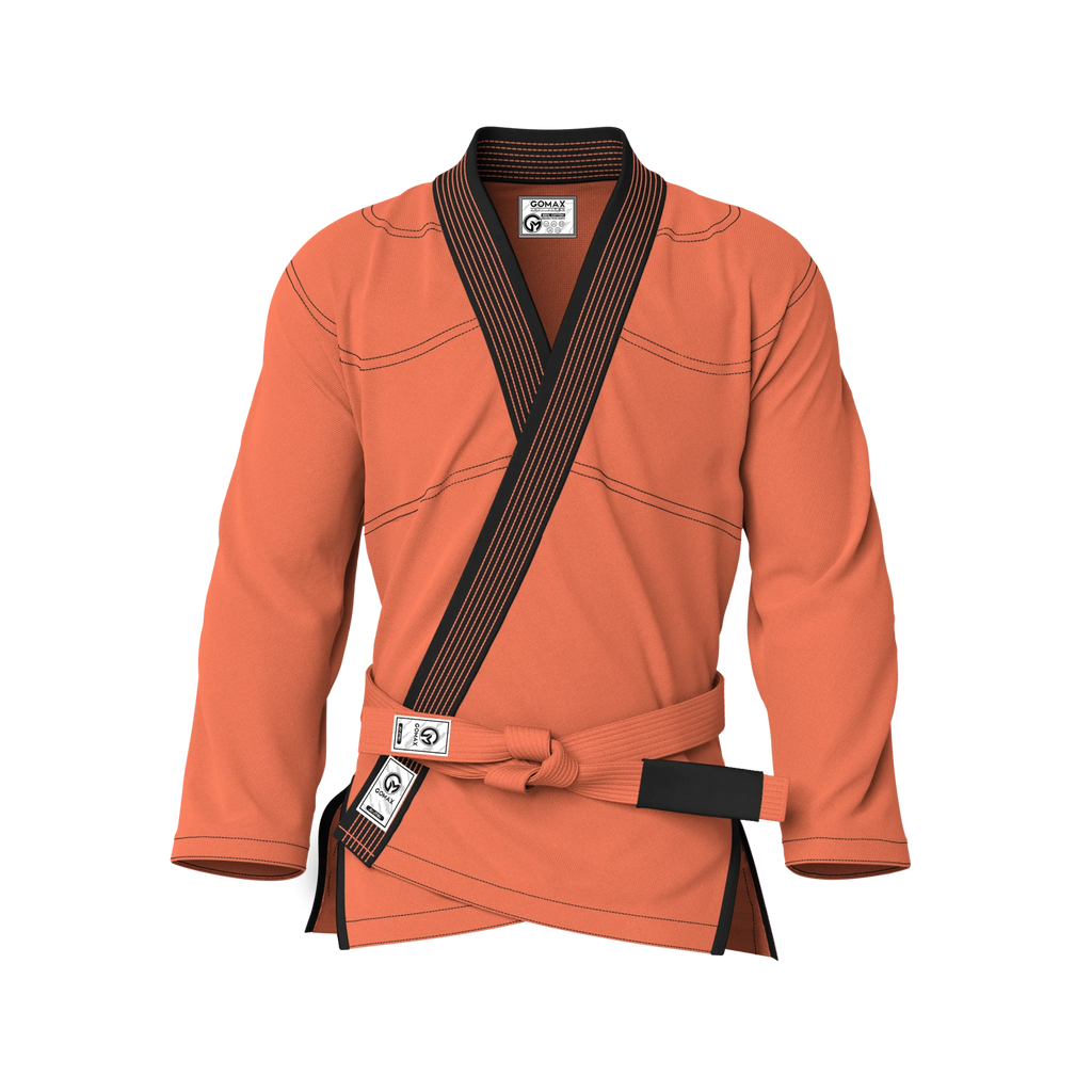 Front view of orange gi for lifestyle showing casual fit and stylish design for everyday BJJ training.