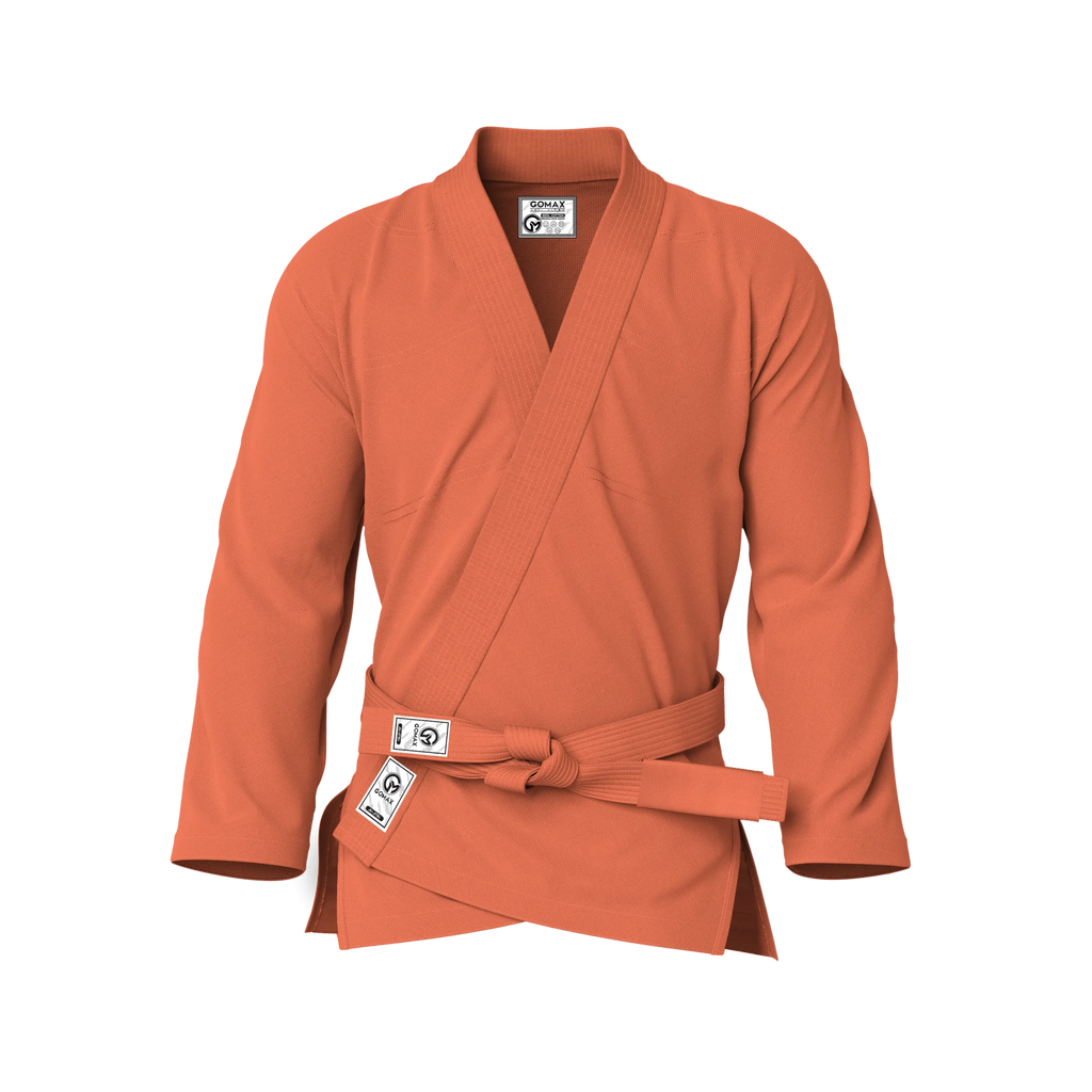 Front view of orange gi for training showing reinforced stitching and durable pearl weave for sparring.