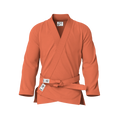 Front view of orange gi for training showing reinforced stitching and durable pearl weave for sparring.