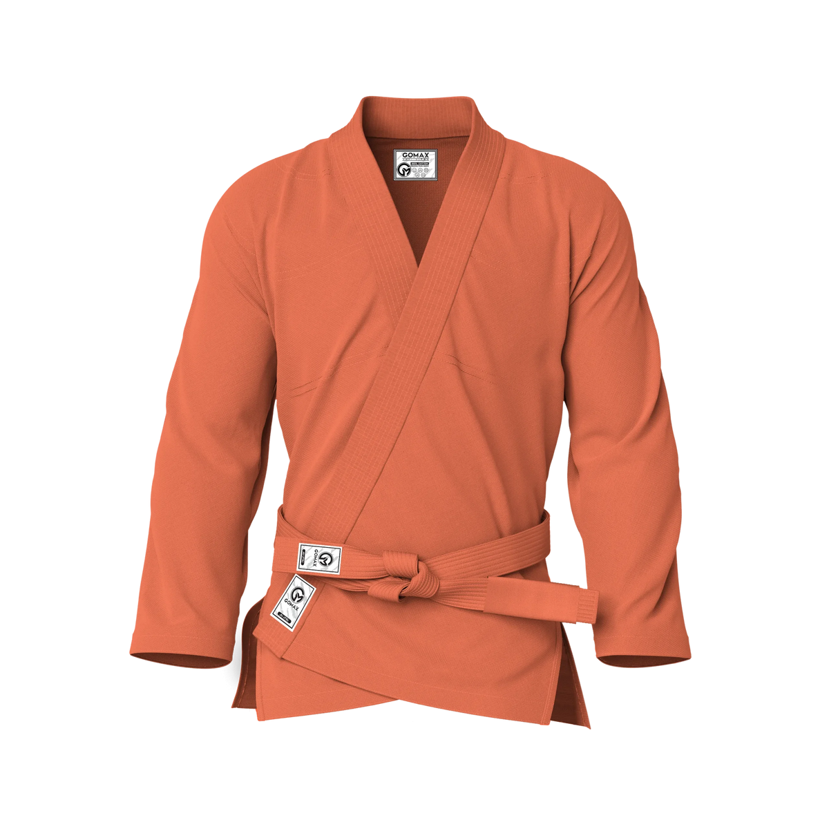 Front view of orange gi for training showing reinforced stitching and durable pearl weave for sparring.