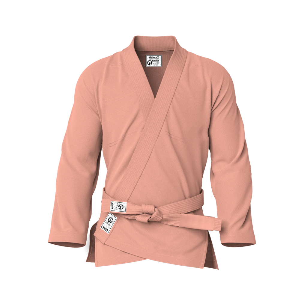 Front view of peach gi for beginners showing soft tone fabric and tailored fit for entry-level BJJ.