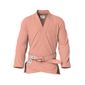 Front view of peach gi for beginners showing soft tone fabric and tailored fit for entry-level BJJ.