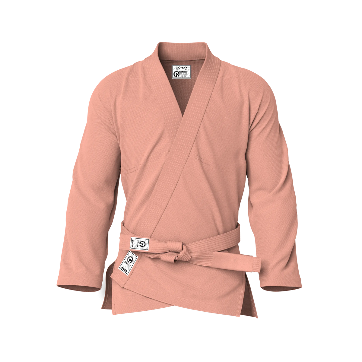 Front view of peach gi for beginners showing soft tone fabric and tailored fit for entry-level BJJ.