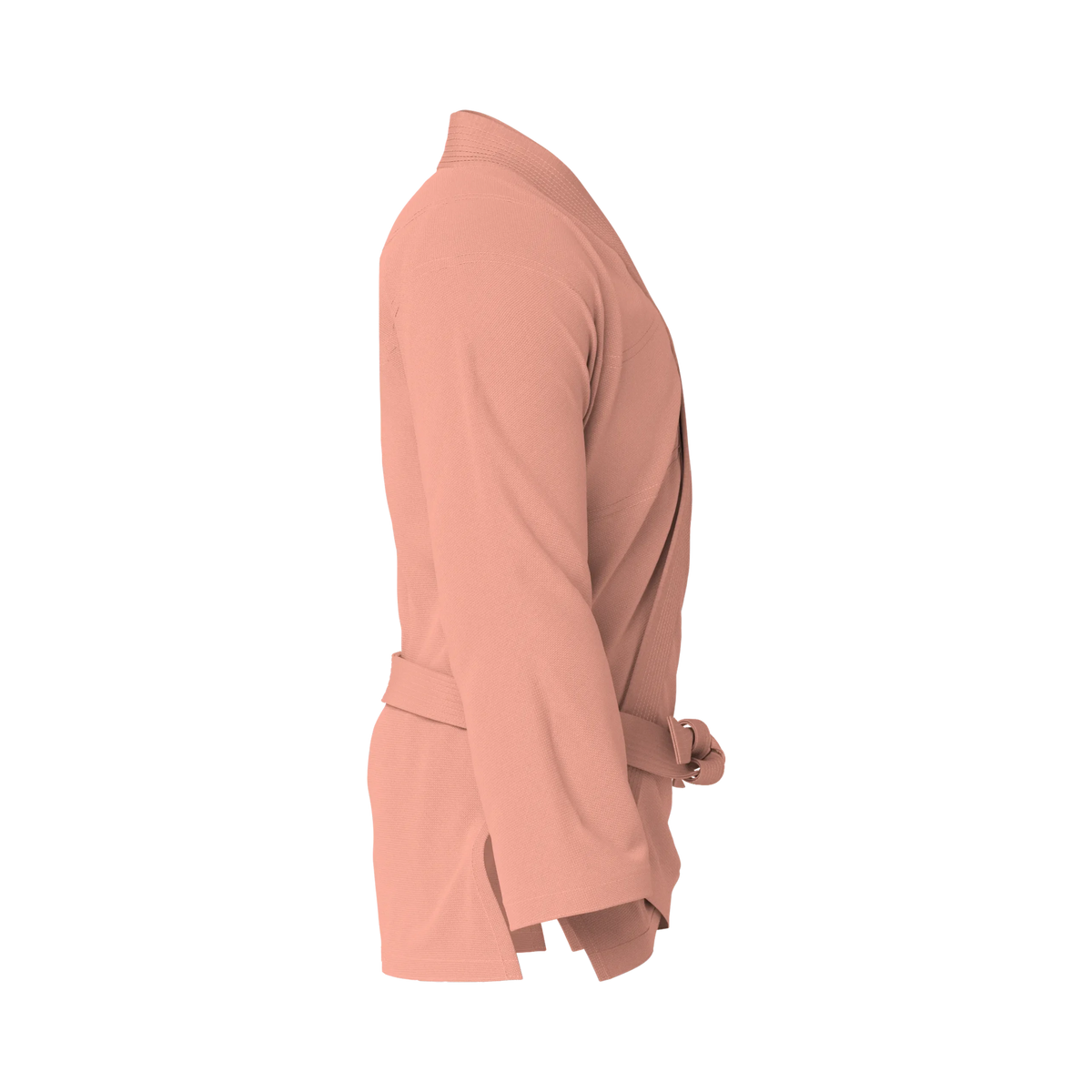 Side profile of peach starter BJJ gi highlighting reinforced stitching and beginner-friendly silhouette.