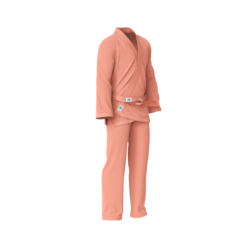 Kid-friendly peach gi side angle highlighting comfort, flexibility, and pastel finish