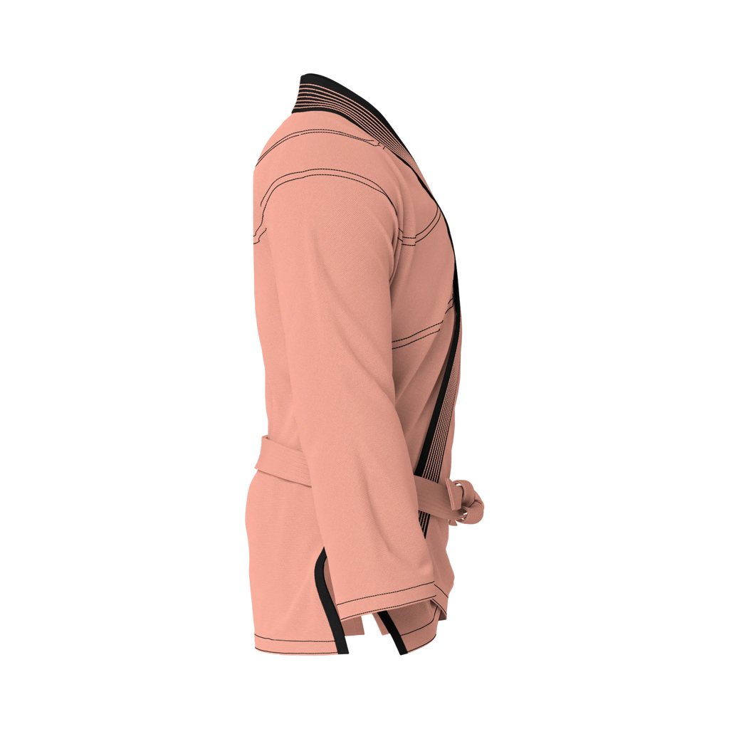 Side profile of breathable peach BJJ gi highlighting athletic cut and lightweight comfort.