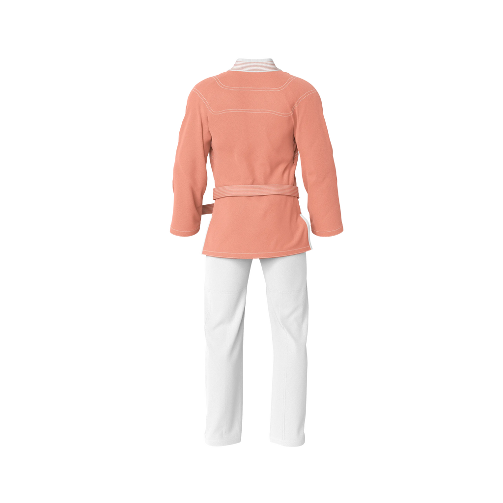 Peach gi for kids’ programs back profile with reinforced seams for junior drills