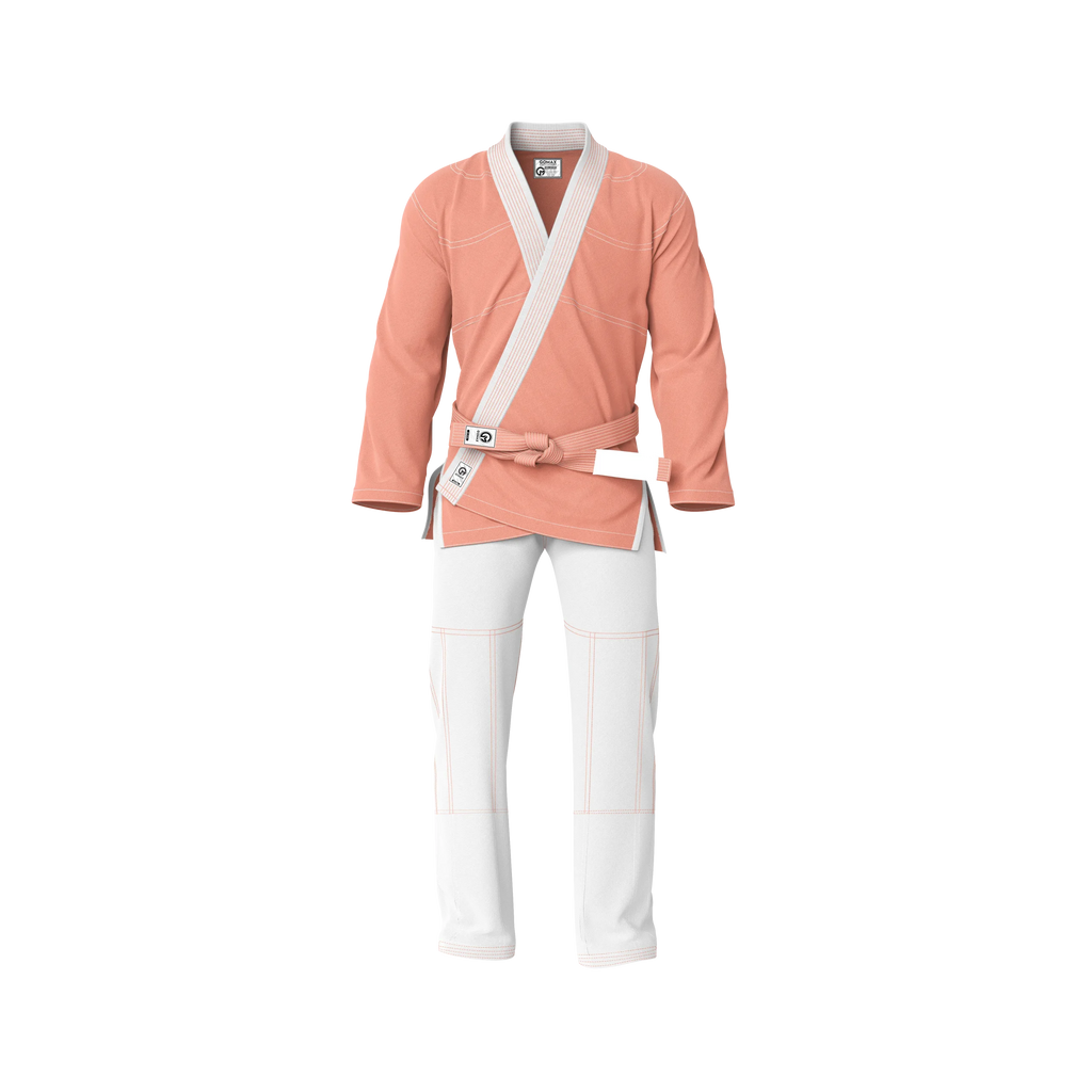 Peach gi for youth classes front view showing school‑approved fit and durable stitching