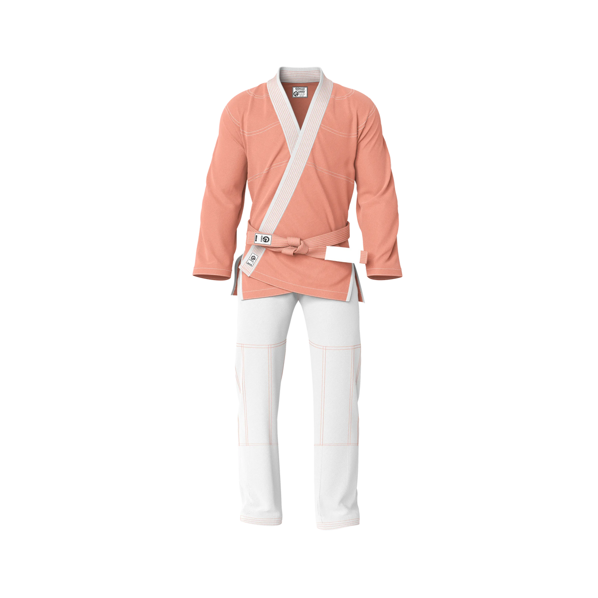Peach gi for youth classes front view showing school‑approved fit and durable stitching