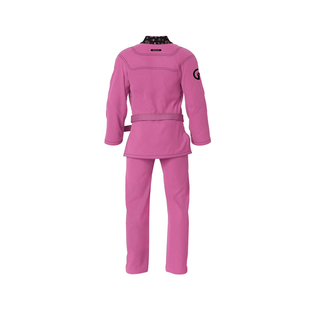 Pink gi for lifestyle shown in gym-to-street transition with white belt and clean branding