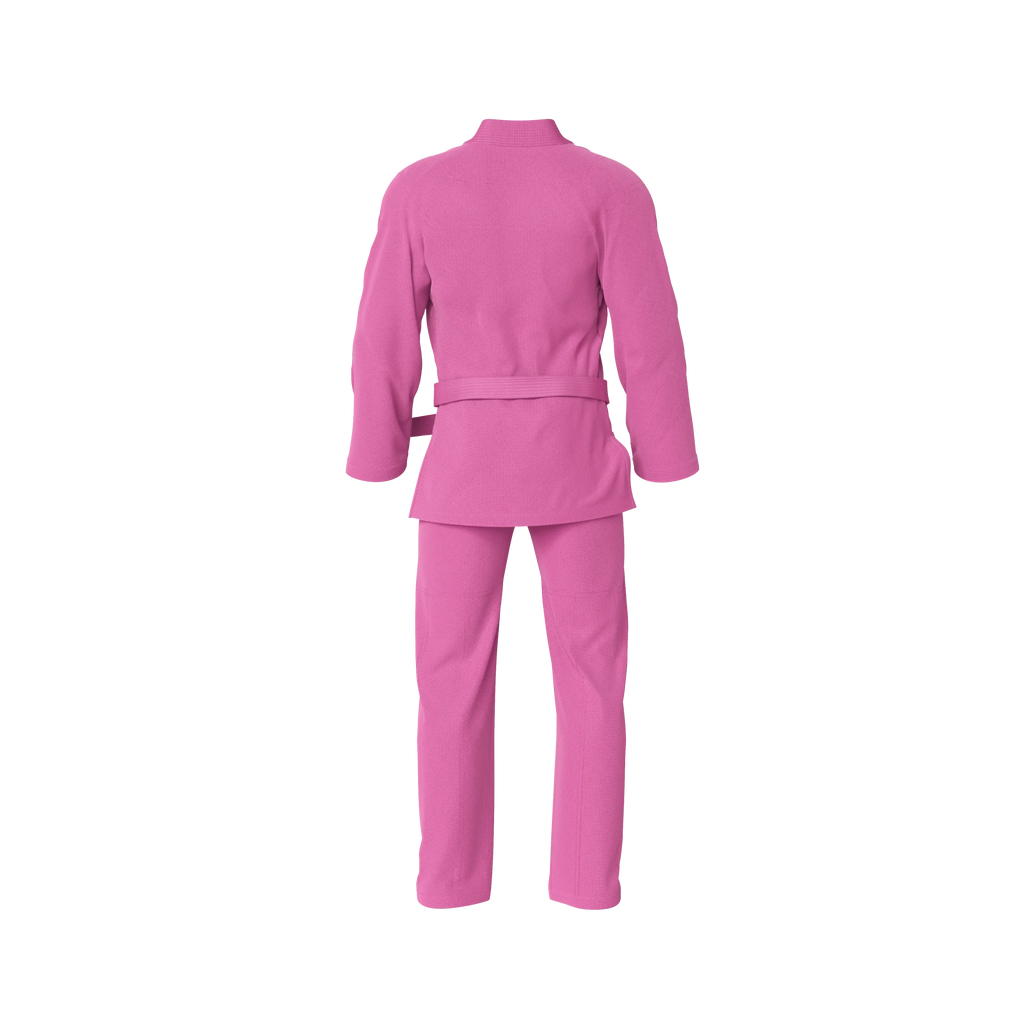 Pink gi for training shown in academy setting with breathable cotton and ripstop pants